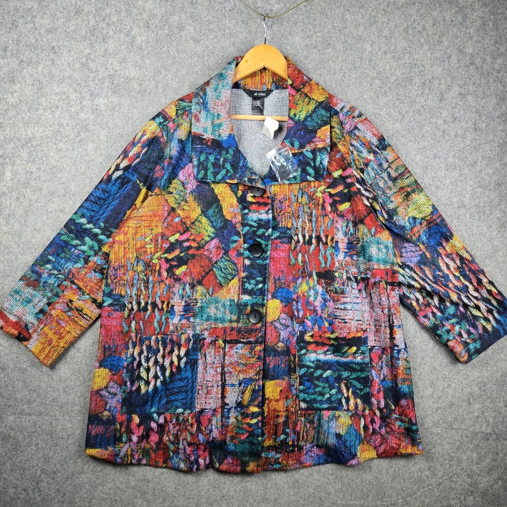 Ali Miles Jacket Womens 2X Multicolor Abstract Art Knit Button Front Lagenlook